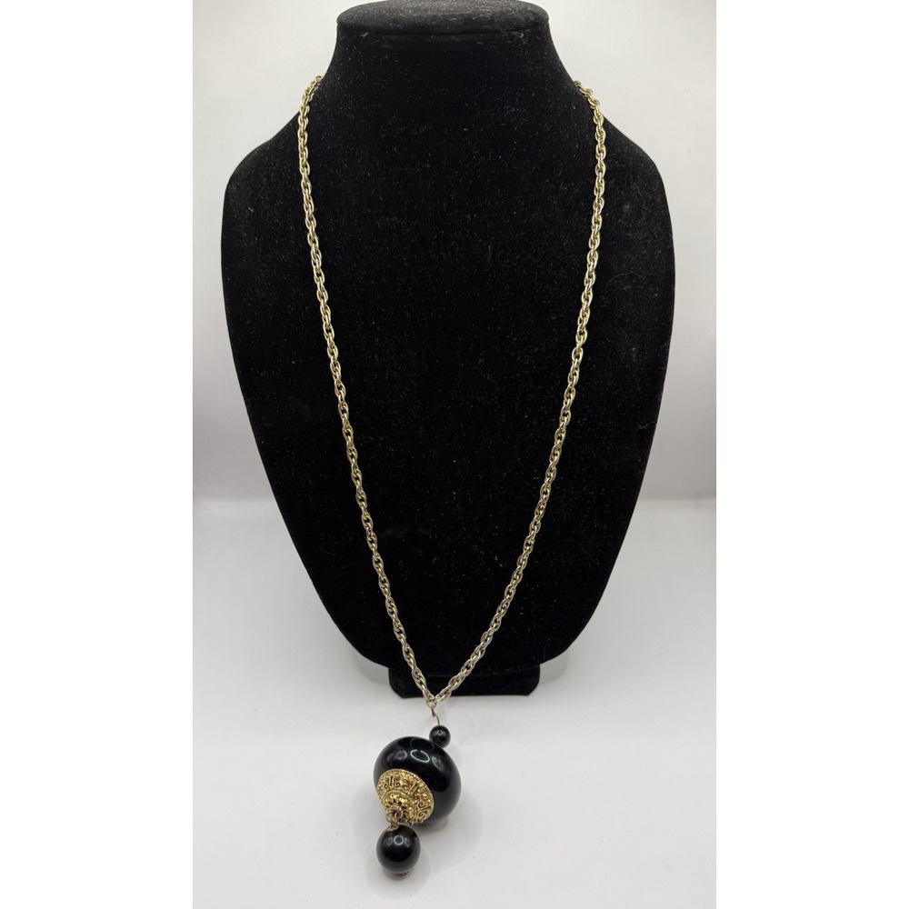 1960's Kenneth Lane (KJL) Long Gold Tone Black Gold Ornate Necklace Drop Pendant